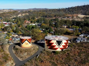Pomo basketry-inspired art water towers on Rabbit Hill